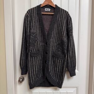 Vintage Milano Grey and Cream Wool Blend Long Cocoon Style Cardigan. Size M